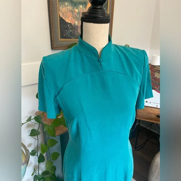 Vintage Teal Liz Claiborne Silk Midi Dress w Mandarin Style Collar Short sleeve - Picture 2 of 7
